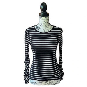 Vince Camuto Long Sleeve Black w/White Stripes Ruched Sleeves Top nautical XS
